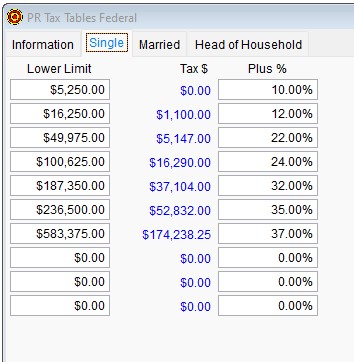 2023 PR Tax Tables Federal - Single tab