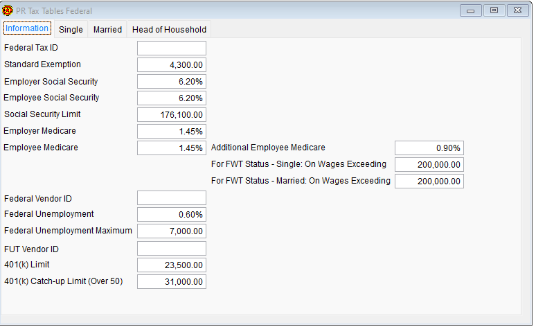 2025 PR Tax Tables Federal - Information tab